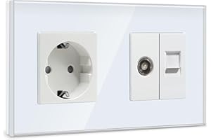 BSEED Enchufe de pared con 1/2 PC+ TV,Antena de TV coaxial y Ethernet RJ45 Cat5e,Schuko Enchufe con Panel de cristal,Blanco toma de corriente,enchufes de extensión para Cocina, Dormitorio