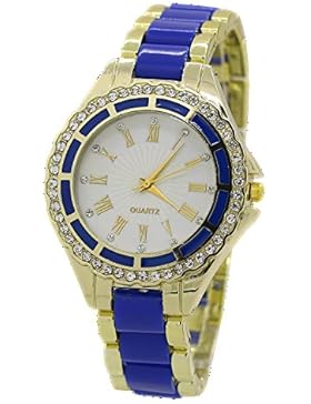 Damen Quarz Uhr Roman Strass Gold Legierungsarmband Analog Armbanduhr Blau