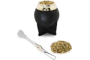 Qumir - Mate Torpedo Argentino Uruguayo de Calabaza Calebasse - Cuir cousu avec fil ciré - Bombilla en métal avec décoration incluse (Noir)