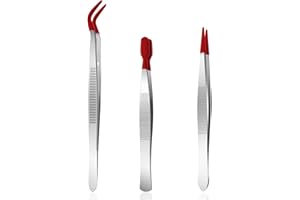 WLLHYF 3 Pieces Tweezers with Rubber Tips Set with Red Silicone Coated Flat Bent Pointed Tip Tweezer for Crafting Jewelry Eyelash Tool Applicator Industrial Sticker Long Tweezers
