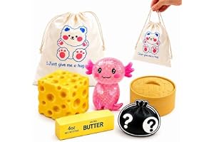 (4 PCS) Squishy Squeeze Toys, Assorted Squishies – Giant Cheese, Butter, (Mystry Dumpling) & Axolotl Squishies, Slow Rising Fidget Toys, Fun Gift for Kids & Adults, Gift-Ready Packaging