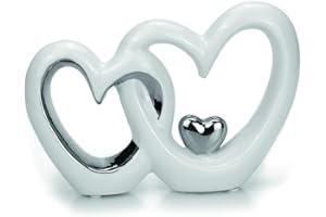 TEMPELWELT® Figurka dekoracyjna podwójne serce, para serc, 13 x 19 cm, ceramika, biała, srebrna, chromowana, splecione serca, figurka serca, dekoracyjne serce na ślub, zaręczyny