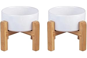 LIONWEI LIONWELI White Ceramic Elevated Raised Dog Bowls - Dog Food Dish with Stand - Double Raised Dog Food and Water Bowls Anti Vomiting - Pet Bowl with Anti Slip Rubber pad - Stress Free for Medium Dogs -set of 2