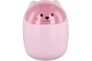 CATIME Desktop Trash Can with Lid, Cute Mini Desk Bin, Plastic Garbage Bin for Office Bedroom, Small Cartoon Bear Flip-Type Dustbin, Removable Pen Holder (Pink)