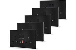 JIMEIDA 5 Pack Black Double Switched Socket 20W Fast Charging 13 Amp with USB-A And Type-C Charging Ports Crystal Wall Outlet Power Socket 146mm*86mm