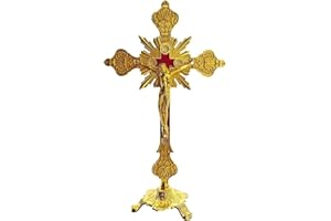 BRAVECOW Crocifisso in piedi con base, 25,4 cm, da tavolo, in metallo, crocifisso cattolico con Gesù, crocifisso in oro antico, per la casa, decorazione della cappella, regali religiosi