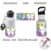 Kinder Trinkflasche mit Schmetterlings Motiv und Name / Flasche für Kinder mit Name / Schmetterlinge / Wahlweise 400ml, 500ml oder 600ml + Schriftwahl für Name / Edelstahl oder Aluminium / Kindergarten / Schule