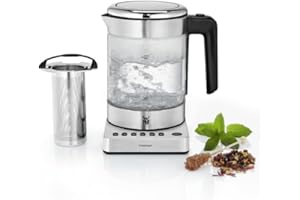 WMF KITCHENminis Bouilloire théière électrique en verre, 1 L, 1900 W, 5 niveaux de température, Maintien au chaud, Sans Fil, Qualité Schott Duran, Filtre thé intégré, Design Inox & Compact 0413180012