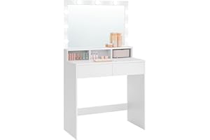 ‎VASAGLE VASAGLE Toaletka Kosmetyczna z 9 Żarówkami LED i Lustrem, Regulowana Jasność, 2 Szuflady i 3 Otwarte Przegródki, Nowoczesna, Biała RDT120T10