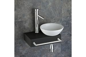 MODA Clickbasin Cloakroom Slimline Black Wood Shelf + White Glass Basin Set 400mm x 250mm Toulon