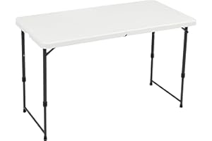 Amazon Basics 4 Foot Rectangular Folding Table, 4 Adjustable Height Settings with Carrying Handle, Indoor & Outdoor, Portable, Lightweight, Travel Table, Picnic, Camping, White, 121.4 x 60.7 x 86.1 cm