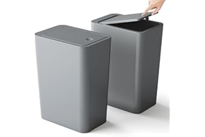 KONGMING 2PCS Bedroom Bin,Push Button Thin Trash Can10L Slim Bathroom Bin with Lid, Anti-Odour Narrow Waste Dog Proof Garbage Can for Bathroom,Office,Living Room,Kitchen,Toilet (Grey)
