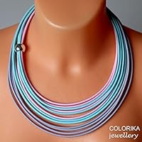 Textil-Halskette, Farben: grau, türkis, rosa, silber