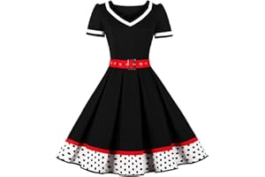 AXOE Damen Gepunktet Rockabilly Vintage Kleid mit Gürtel Partykleid