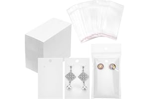 PH PANDAHALL PandaHall Ele - 200 Sets Cartes d'affichage en Carton Étiquette de Boucle d'oreille de Papier pour Bijoux avec OPP Sacs de Papier de verre, Blanc, 9x5cm, 15.5x6cm