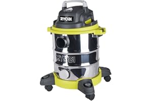 RYOBI Aspirateur Eau et Poussière 1200W RVC-1220i-G – Cuve INOX 20L, Buse de Soufflage, Filtre HEPA, Brosse Sol durs, Suceur Plat, Sac Filtre, Idéal Chantier et Garage