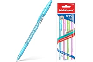 Erich Krause R-301 Spring Ballpoint Pen 0.35 mm Pack of 4 Blue - Easy and Soft Writing - Slim Shape & Transparent - Pens & Desk Accessories - with Rubber Grip