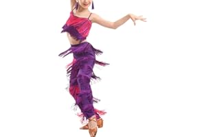 CRETUAO Dziewczęcy 2-częściowy zestaw kostiumów do tańca towarzyskiego Latin Tassel Camisole Fringe Pants Modern Salsa Competition Performance Dress
