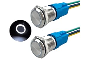 Aiqeer 2 sztuki, chwilowy przełącznik przyciskowy, 16 mm, 12 V / 24 V 5 A, wodoodporny przełącznik przyciskowy ze stali nierdzewnej, IP67, z okablowanym gniazdem (biała dioda LED)