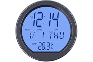 Candeon Digitale Uhr Thermometer für Auto, Digitaluhr für Armaturenbrett, mit Thermometer und Kalender, Solarenergie, rund, Zeit/Datum/Temperaturanzeige, für Autos