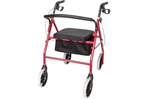 FAHOI Lightweight Foldable Rollator with Four Wheels, Padded Seat, Ergonomic Handles, Carry Bag, Adjustable Height for Seniors Walking Aid (Red)