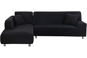 jianyana Housse de Canapé d'angle Extensible 2 Pieces, Housse de Canapé d'angle 3 Places+3 Places, Couverture de Canapé d'angle en Forme de L avec Deux Taies d'oreiller,Noir