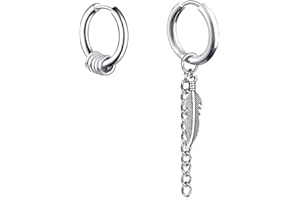GULCEAN Mens Hoop Earrings With Cross Feather Cone Ball Chain Dangle Black Silver 316L Stainless Steel Punk Hip Hop Rock Gothic Style Kpop Asymmetric Earrings For Men Women