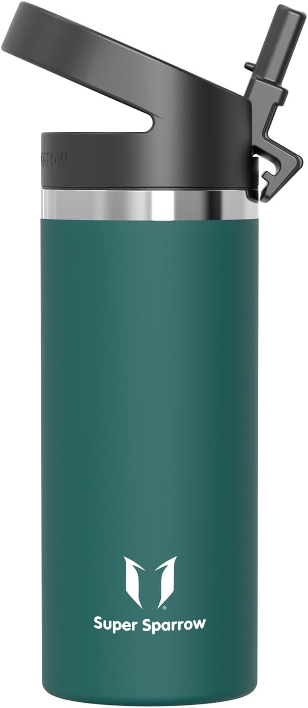 Super Sparrow Botella de Agua Acero Inoxidable - Botella Agua niños Boca Ancha con Paja 500ml - Sin BPA, para Gimnasio, Deporte, Oficina, Yoga, Ciclismo