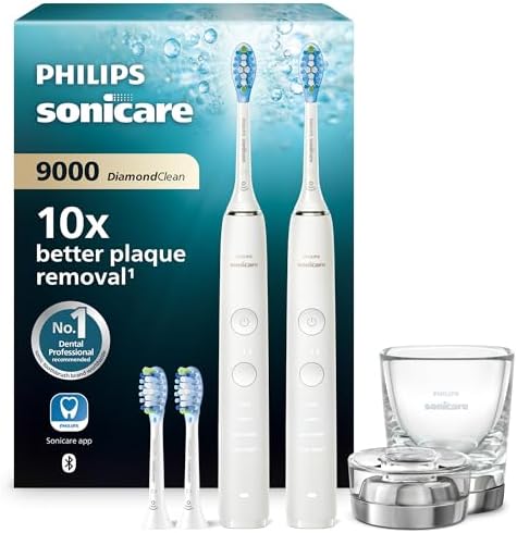 Philips Sonicare DiamondClean 9000 spazzolino elettrico, confezione doppia, spazzolino sonico con app, sensore di pressione, 4 modalità di pulizia, 3 livelli di intensità, bianco, modello HX9914/62