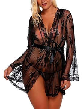 ADOME große größen Damen Sexy Lace Transparente Mesh Dessous Night Kimono mit Gürtel und G-String