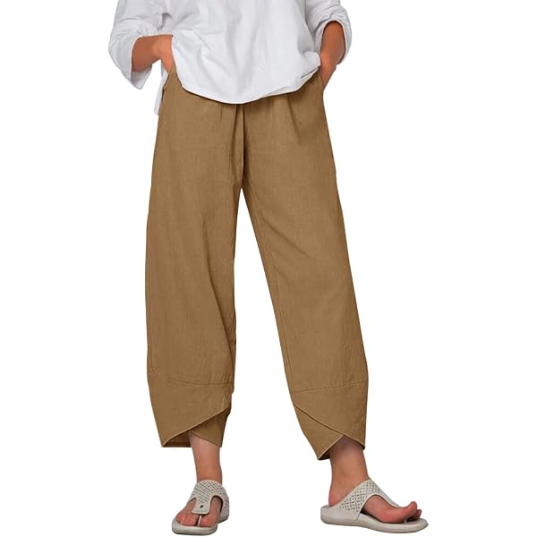 Pantaloni Donna Estivi In Cotone E Lino, Vita Alta Elasticizzata, Leggeri Con Tasche, Tinta Unita Eleganti