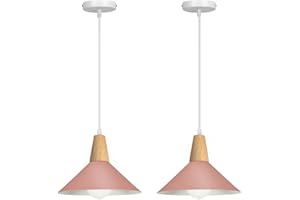 LIGKIN 2 Piezas Lámpara Colgante Industrial Moderna Ø25cm Pantalla Metal Madera Lámpara de Techo Retro E27 Iluminación para Cocina Comedor Cafetería, Rosa