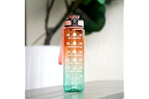 BAYINTNAL 32oz Motivational Time Marker Water Bottle with Straw, Light-weight, Leakproof BPA Free, Inspirational 1L Tritan Sports Drinking Jug with Flip Spout Fit in Car Cupholder (Clear Orange Green)