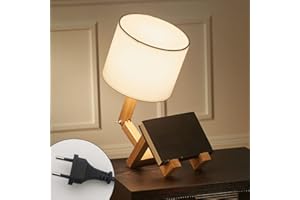 ELINKUME Lampa nocna Robot,kreatywna lampa stołowa z regulowaną podstawą z litego drewna,nowoczesna lampa stołowa E27 z kloszem z tkaniny,dekoracyjne lampy DIY do sypialni i pokoju dziecięcego