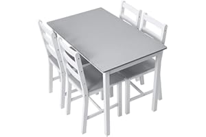 Panana Esstisch mit 4 Stühlen Set Kiefer Holz Essgruppe 4er Set Esszimmerstühle mit Esstisch für Esszimmer, Küche, Wohnzimmer Esszimmergarnitur (Grau+Weiß)