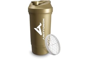 AMITYUNION Proteína Shaker FYRA 700 ml - a prueba de fugas, BPA libre, con tamiz y escala, para batidos cremosos, de proteínas agitadores, para aislamientos y concentrados Iso Sport (oro)