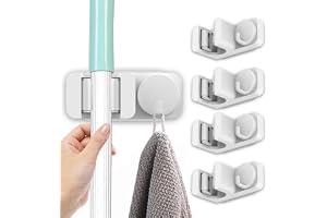 Azonee 4 Pcs Mop Broom Holder, Mop Broom Holder Wall Mount Self Adhesive with Rack and Hook, Wall Mounted Mop Broom Organizer for Home, Bathroom, Kitchen, Officee, White