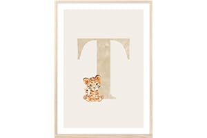 MeinBaby123® Buchstaben Poster DIN A4 Kinderzimmer Mädchen und Junge | Babyzimmer Deko | Bilder Kinderzimmer | Geschenkideen zur Geburt | Anfangsbuchstabe T (süßer Tiger)