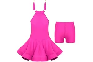 inhzoy Vestito da Ballo Latino Americano Bambina Ragazza Latin Dance Dress Abito da Danza Samba Tango Salsa + Pantaloncini + Orecchini con Nappe Ballroom Dancewear Performance