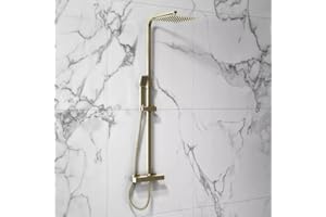 CORSO BATHROOMS Lunar Brushed Brass Thermostatic Shower with Rigid Riser, Fixed Head and Handset - Complete Brushed Brass Dual Function Shower System