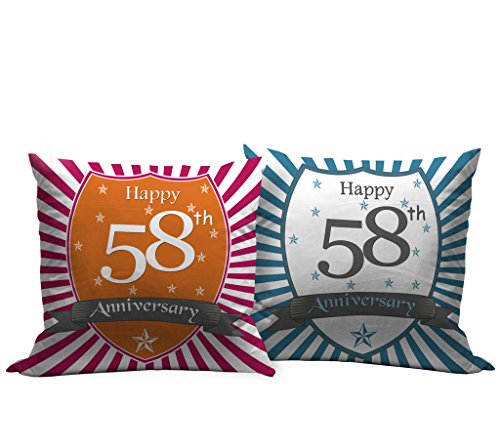 TIED RIBBONS 58th Wedding for Parents Father Mother Grand Father Grand Mother Collegue Relatives Set of 2 Printed Cushion(Satin, Multicolor, 12 inch X 12 inch) with Filler