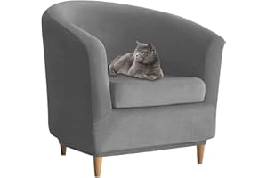 Lydevo Club Chair Covers 2 Piece Stretch Tub Chair Cover with Cushion Cover Leather Tub Chair Slipcover Pattern Washable non Slip Furniture Cover for Dining Living Room Reception,Velvet#Gray