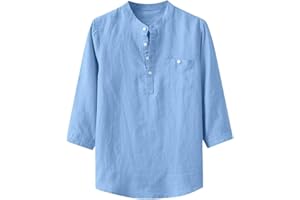 Yowablo Chemises Homme Baggy Coton Lin Solide Manches Trois Quarts Poche Col Montant