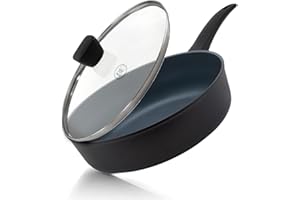 BE Living Poêle Sauteuse avec Couvercle - Ø 28 cm, Bord Haut, Revêtement Céramique Antiadhésif, Induction, Sans PTFE et PFOA, Noir