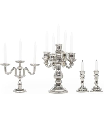 Melody Jane Puppenhaus-Kerzenständer Mit Kerzen – Silber, Maßstab 1:12, Für Detailverliebte Miniaturen