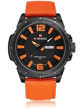 Gute Faux Nylongurt Analog Zifferblatt Auto Datum High Impact Herren Fashion Quartz Armbanduhr Schwarz Orange