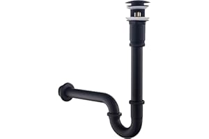 SET - Siphon mit Ablaufgarnitur mit Überlauf für Waschbecken Schwarz Matt - Keymark Universal Röhrensiphon und Ablaufventil Bad - Messing Syphon Sifon Pop Up Abflussgarnitur Abfluss Waschtisch