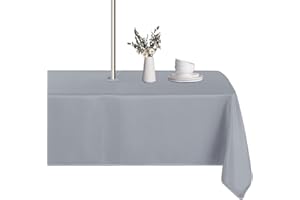 LUSHVIDA Outdoor Tablecloth Rectangle with Parasol Hole and Zipper Closure, Waterproof Liquid Resistant Wrinkle Resistant Washable Spring Summer Tablecloth 60"x102" Silver
