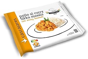 CASCAJARES - Pollo al Curry tikka masala con arroz Basmati. Listo para calentar en el microondas, perfecto para dos persona, 350 gramos de pollo y 250 gramos de arroz. Sin gluten