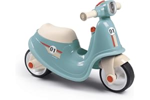 Smoby - Porteur Scooter Bleu - Design Réaliste - Clé Mécanique, Phare Avant - Roues Silencieuses - Coffre à Jouets - Dès 18 Mois